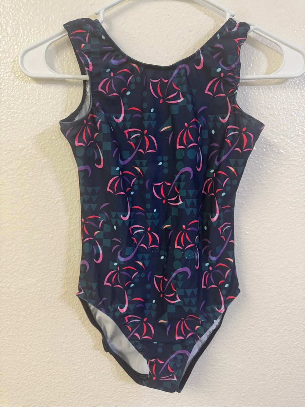 Girls Gymnastics Leotard with Navy, Pink & Teal Geometric Print